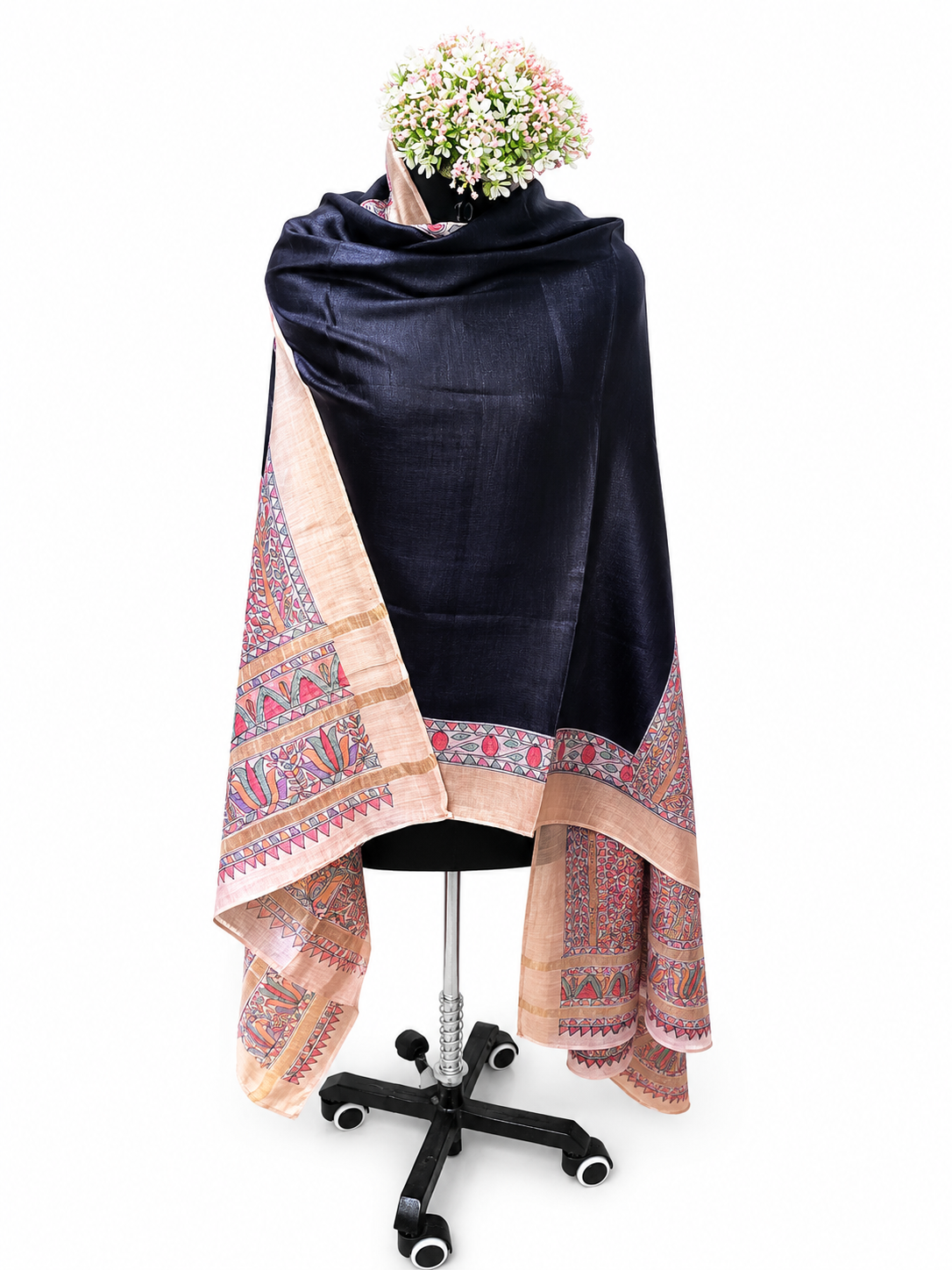 Hand-painted Tussar Munga Silk Dupatta – Majestic Fish Motif and Floral Elegance
