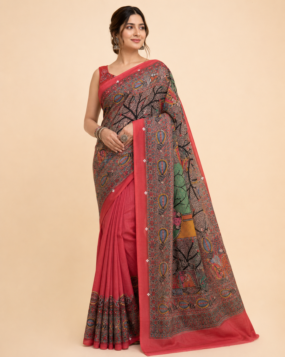 Hand-painted Desi Tussar Silk Saree with All-Over Madhubani Art, Doli Ka Haar Theme & Sujni Buti Border