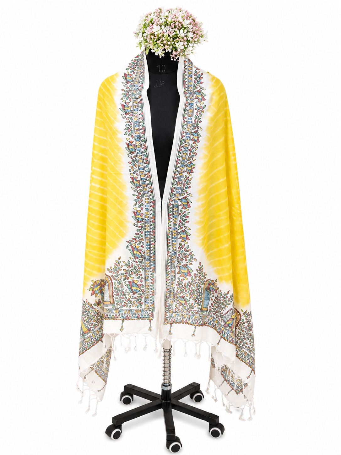Hand-Painted Vrindavan Leheriya Radha Krishna Tussar Munga Silk Dupatta