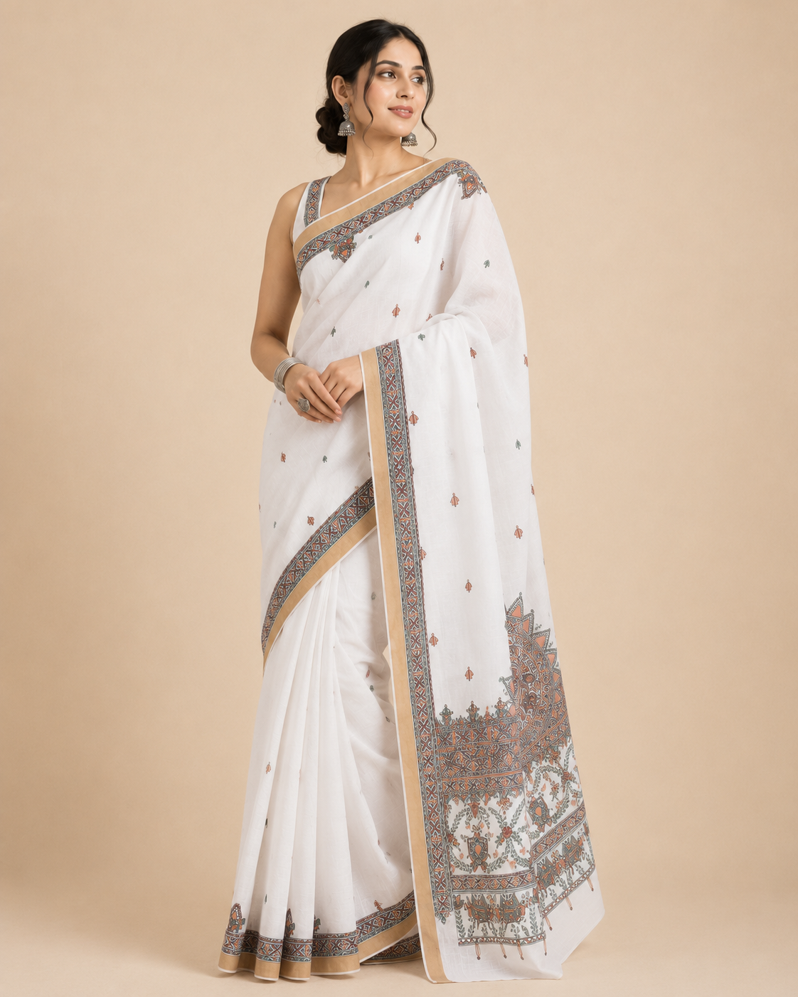Hand-Painted Ivory Kerala Cotton Saree with Zari Border –  Mithila Bloom