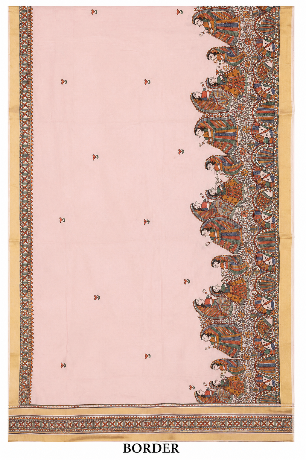 Hand-painted Blush Pink Dancing Doll Madhubani Cotton Silk Saree with Fish Motif Zari Border