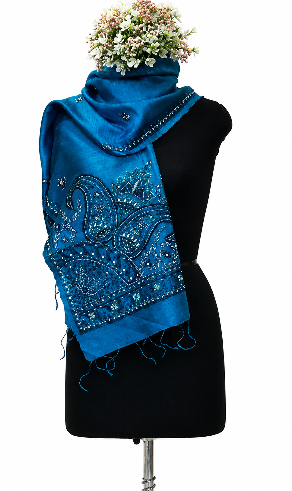 Handpainted Madhubani Dupion Silk Stole with Sujani & Flora-Fauna Motifs