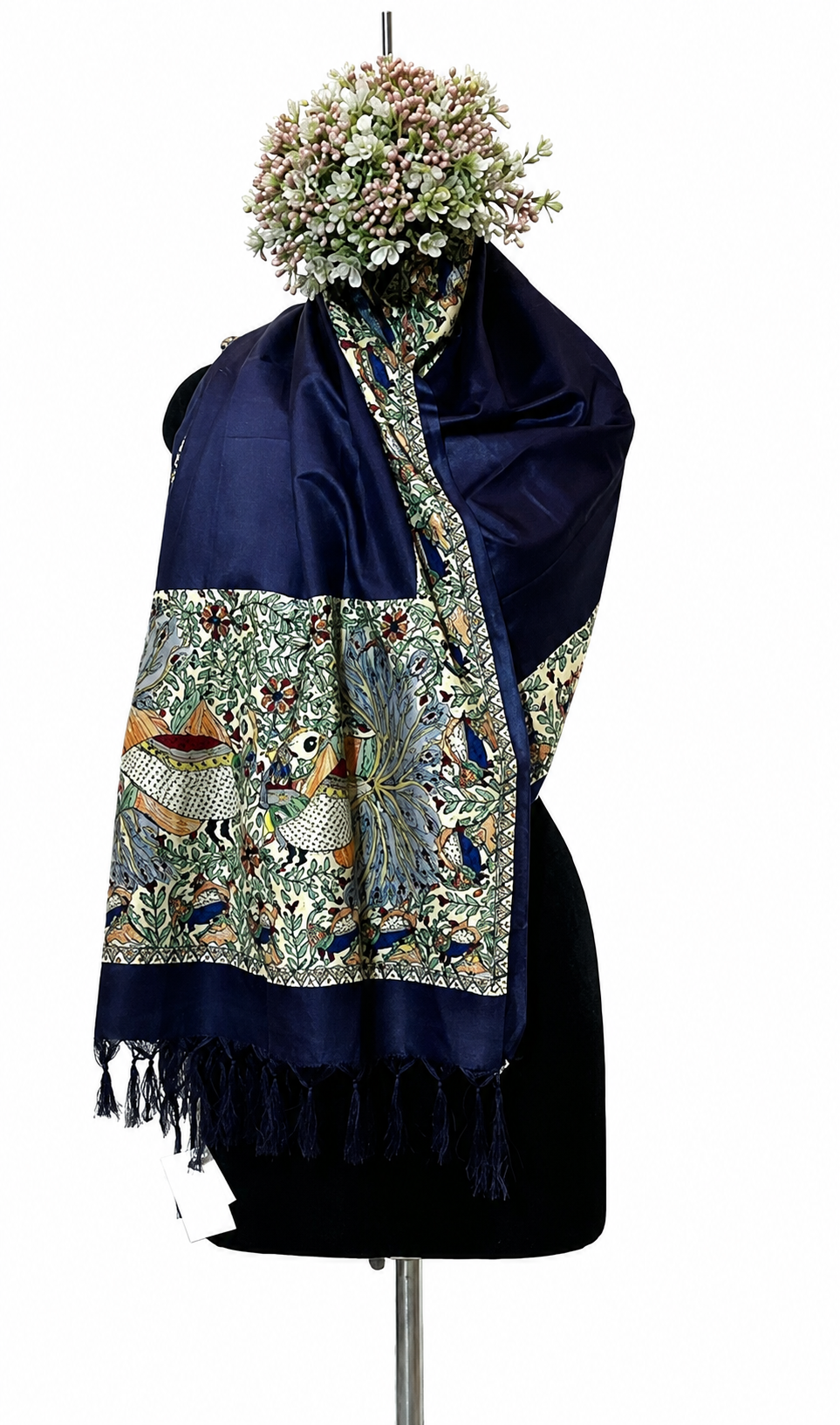 Handpainted Madhubani Tussar Munga Silk Stole with Peacock Motifs