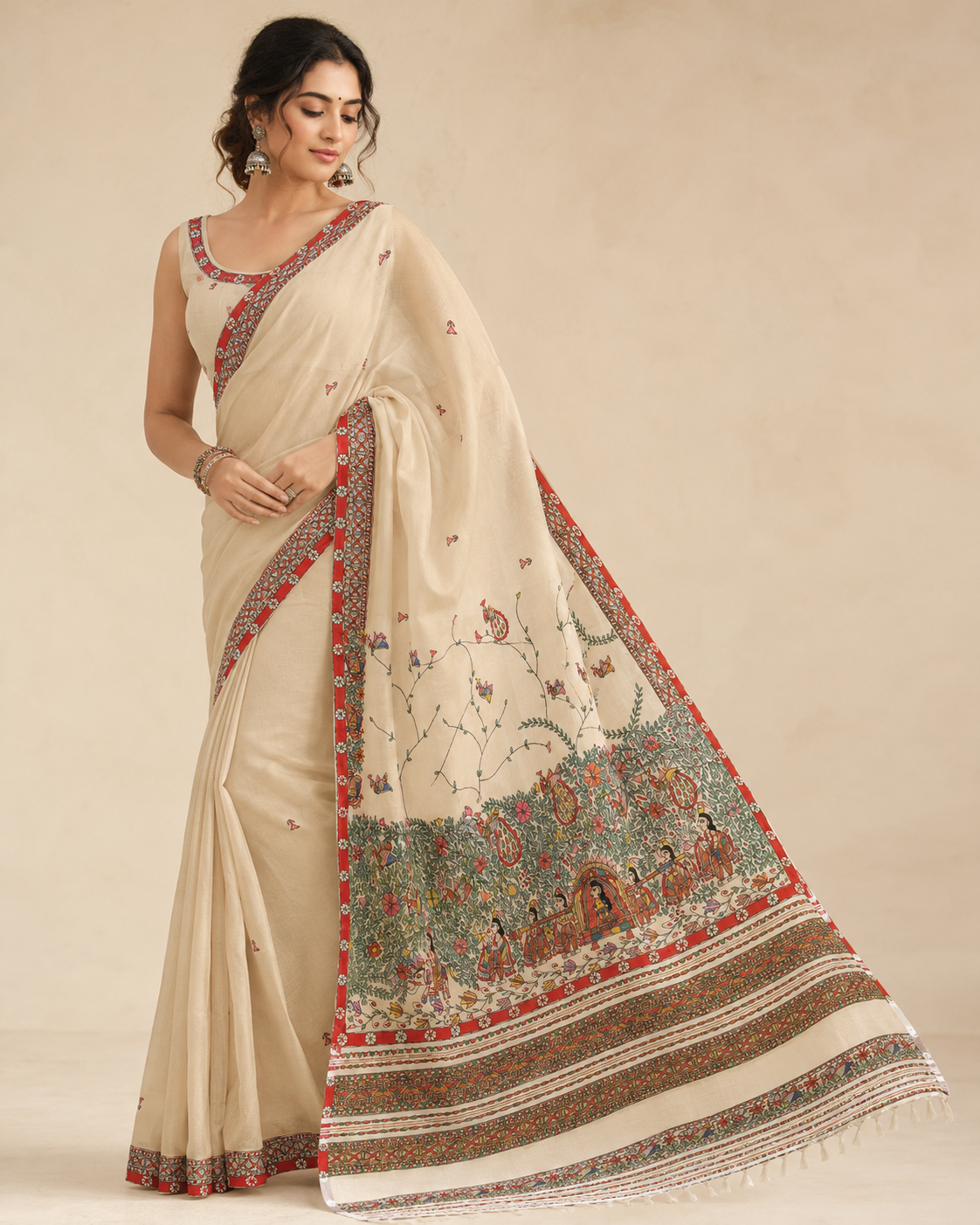 Hand-Painted Doli Ka Haar Madhubani Linen Cotton Saree with Bird Butis & Silver Zari Border in Natural Beige