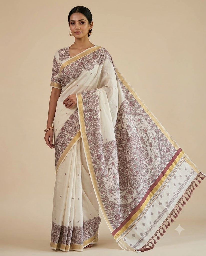 Hand-painted Madhubani Kerala Cotton Saree – Off White with Golden Zari Border