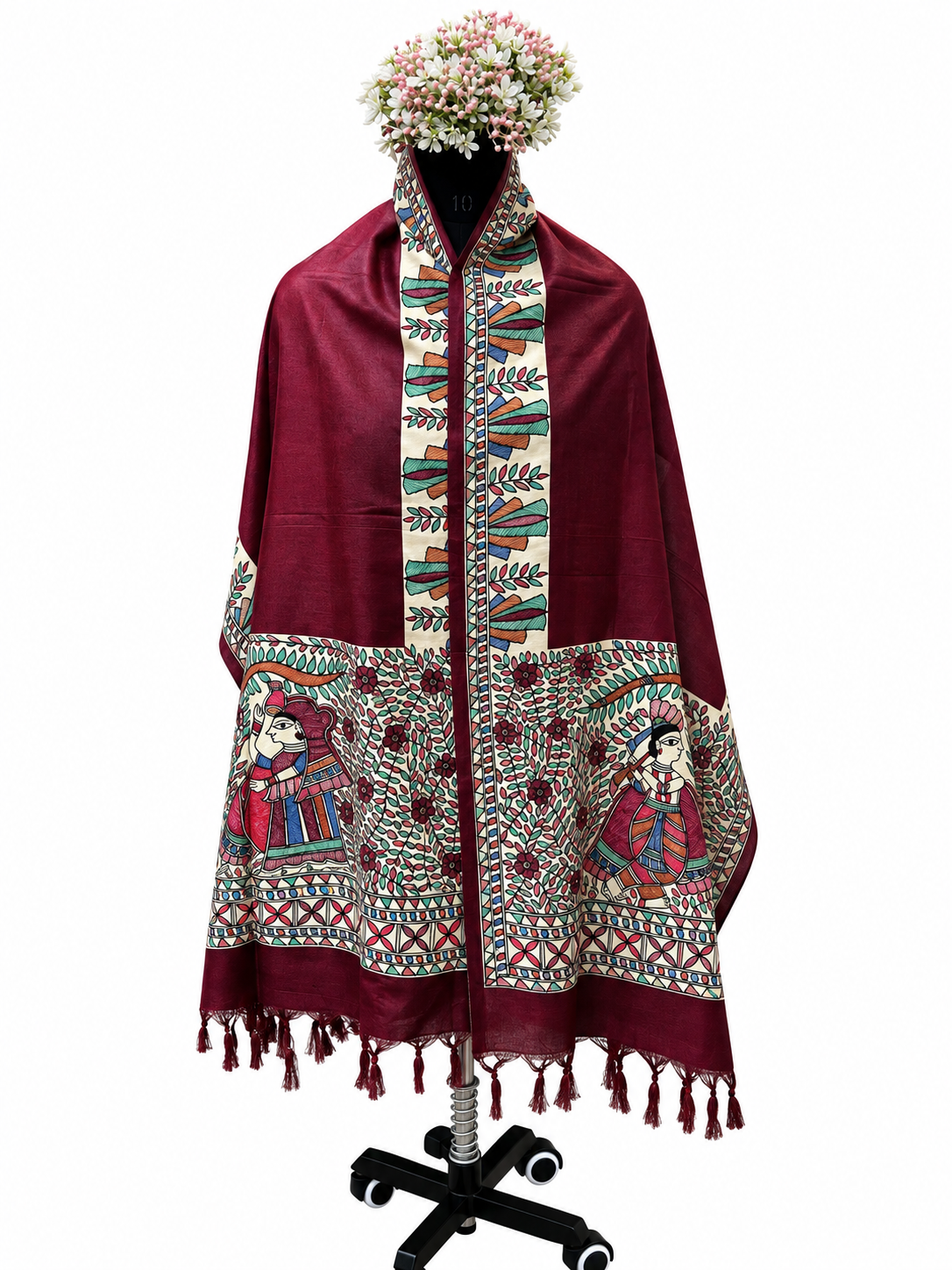 Premium Wine Cotton Silk Hand-Painted Madhubani Radha Krishna Theme Stole with Floral Vines