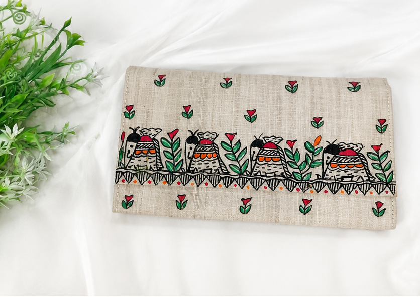 Hand-painted Dual Side Madhubani Clutch Wallet in Beige with Elephant Motifs