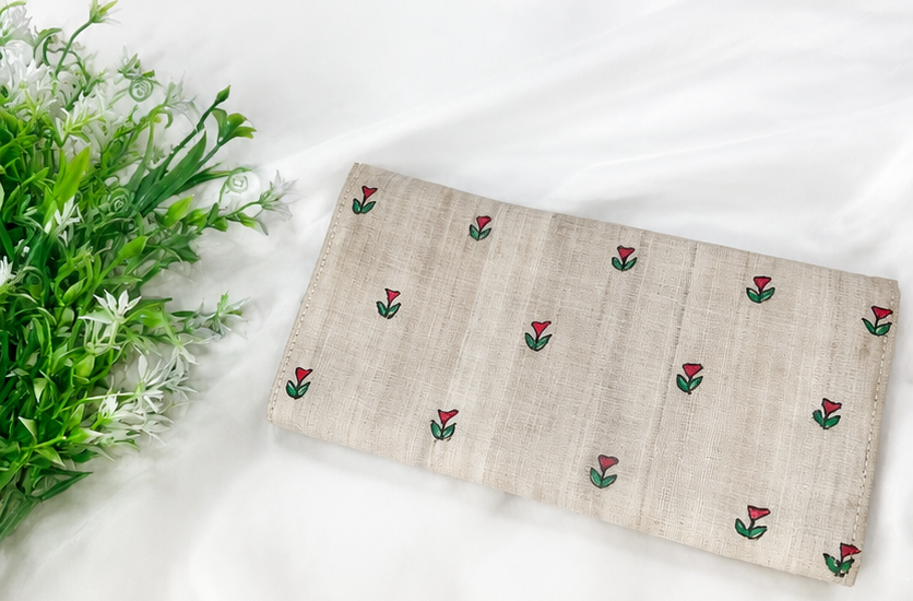 Hand-painted Dual Side Madhubani Clutch Wallet in Beige with Elephant Motifs