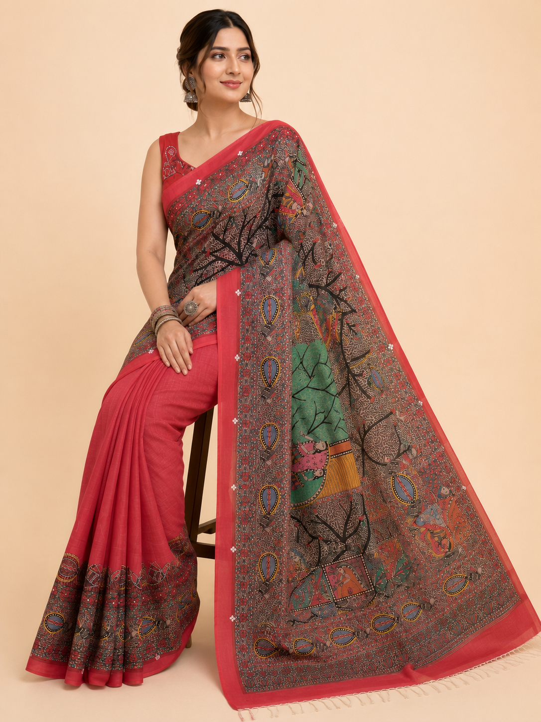 Hand-painted Desi Tussar Silk Saree with All-Over Madhubani Art, Doli Ka Haar Theme & Sujni Buti Border