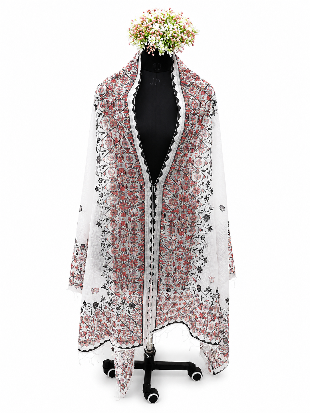 Hand-Appliquéd Kota Dupatta – Madhubani Peacock and Floral Artistry