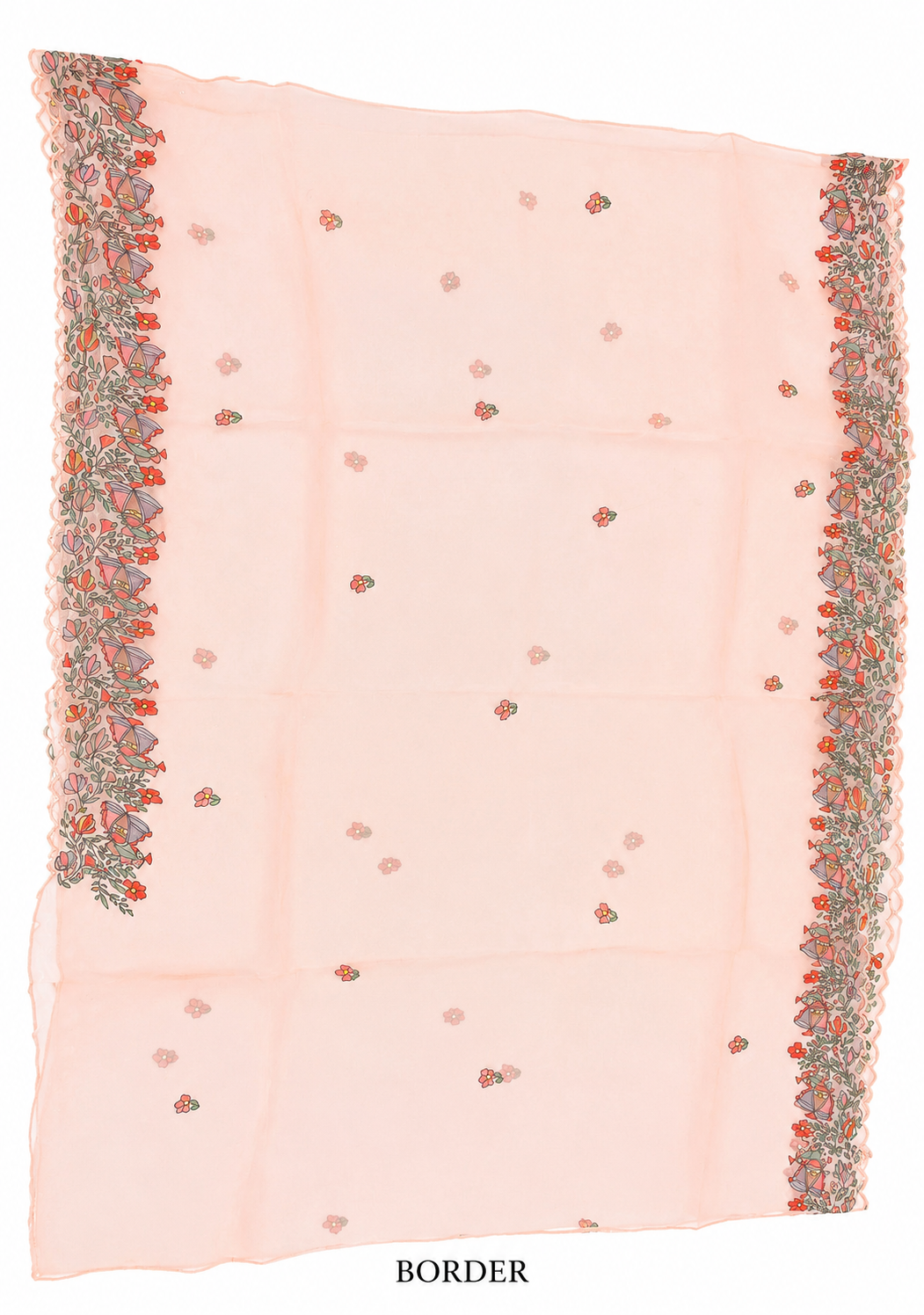 Hand-painted Organza Madhubani Saree – Doli Ka Haar Theme with Cutdana Work & Scalloped Border