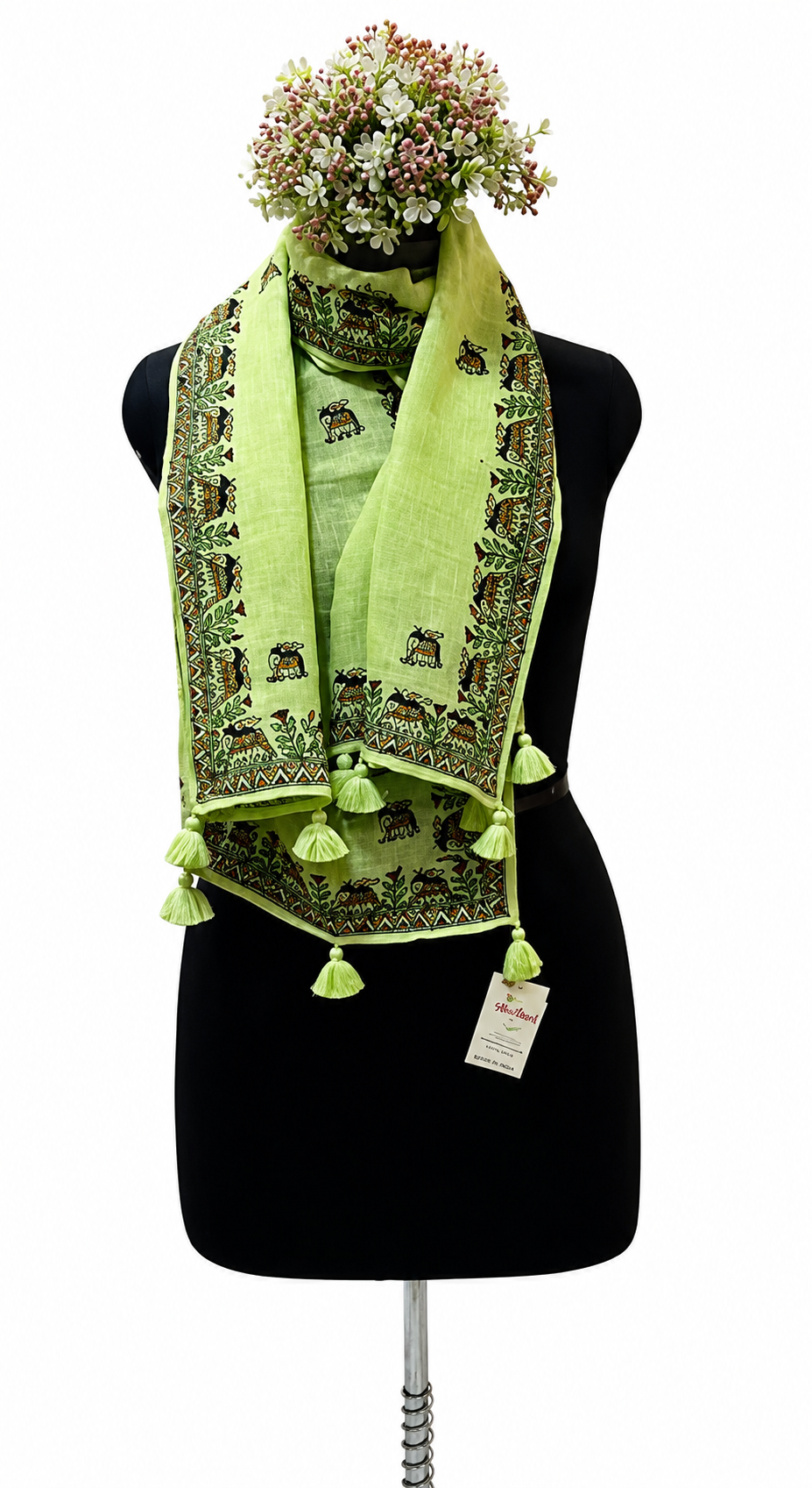 Handpainted Madhubani Linen Stole with Elephant Motifs in Mint Green