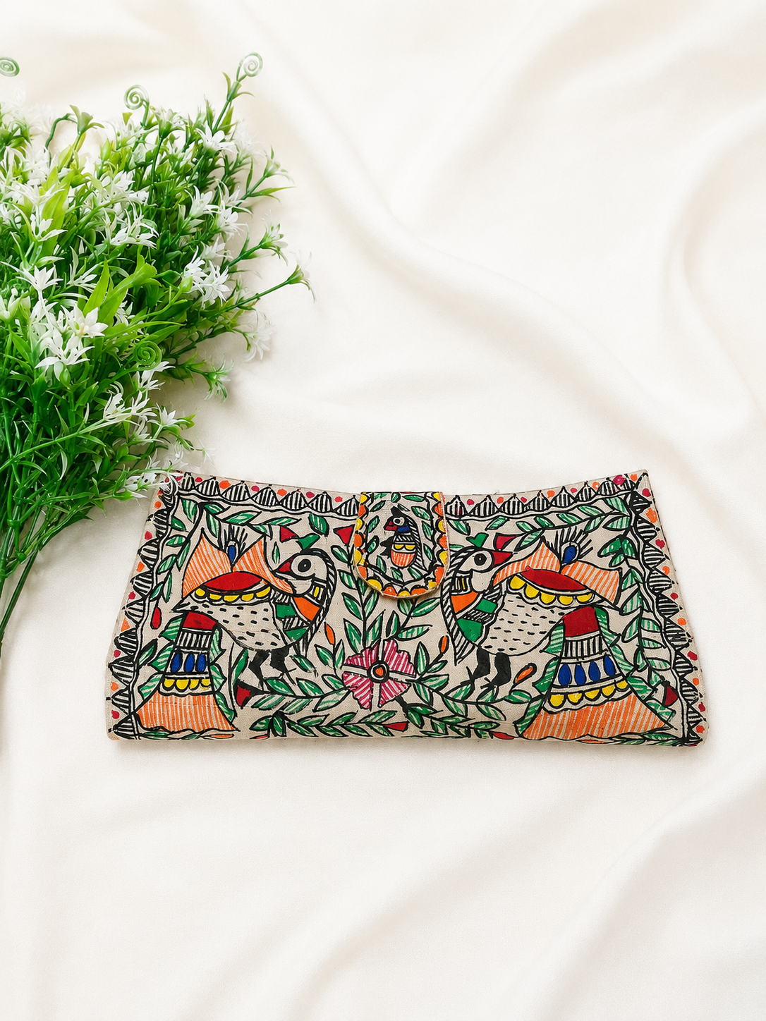 Hand-painted Beige Madhubani Dual Design Bird Envelope Clutch Silk Canvas Clutch
