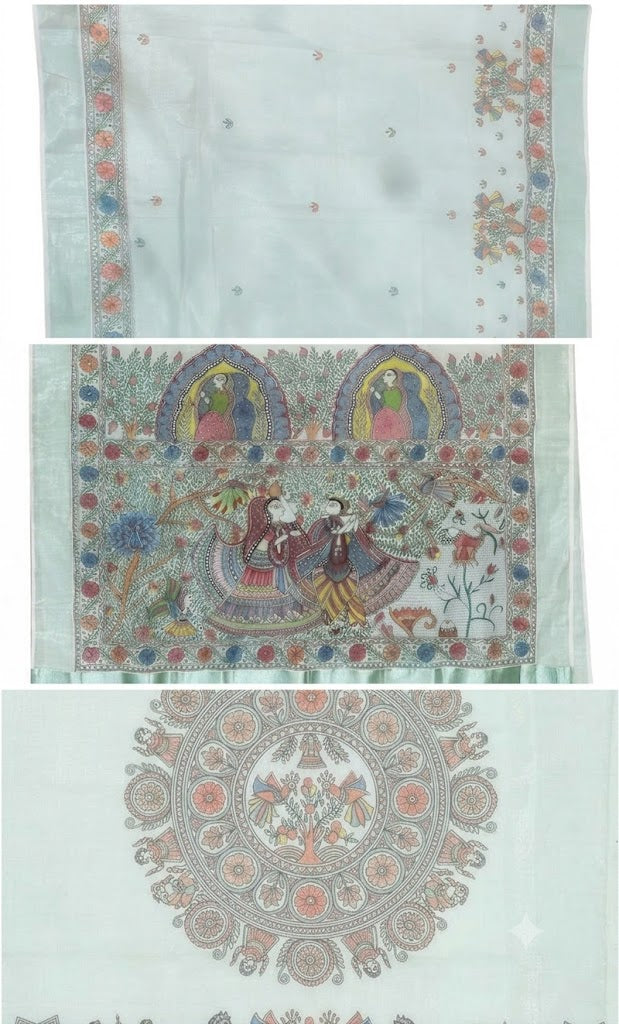 Hand-painted Madhubani Tissue Kasavu Kerala Saree – Pastel Mint Green