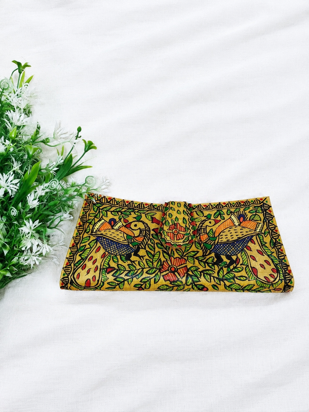 Mustard Yellow Dual-Sided Hand-painted Madhubani Bird Wallet Clutch for Women