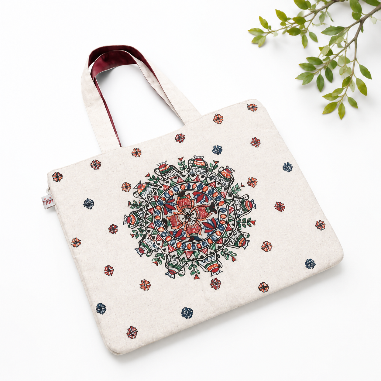 Hand-crafted Beige Cotton Tote with Madhubani Mandala Design
