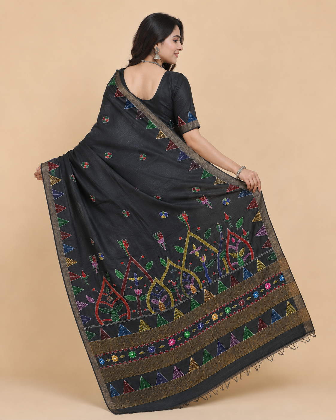 Hand-painted Tussar Munga Silk Saree with Sujani Embroidery & Antique Gold Zari Border in Jet Black