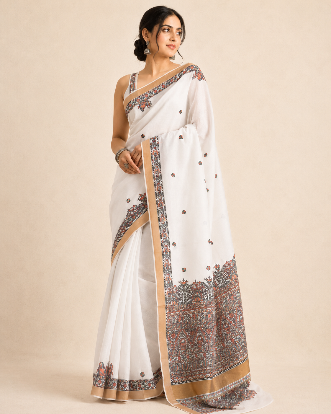 Hand-painted Ivory White Kerala Cotton Saree with Madhubani Art & Antique Zari Border