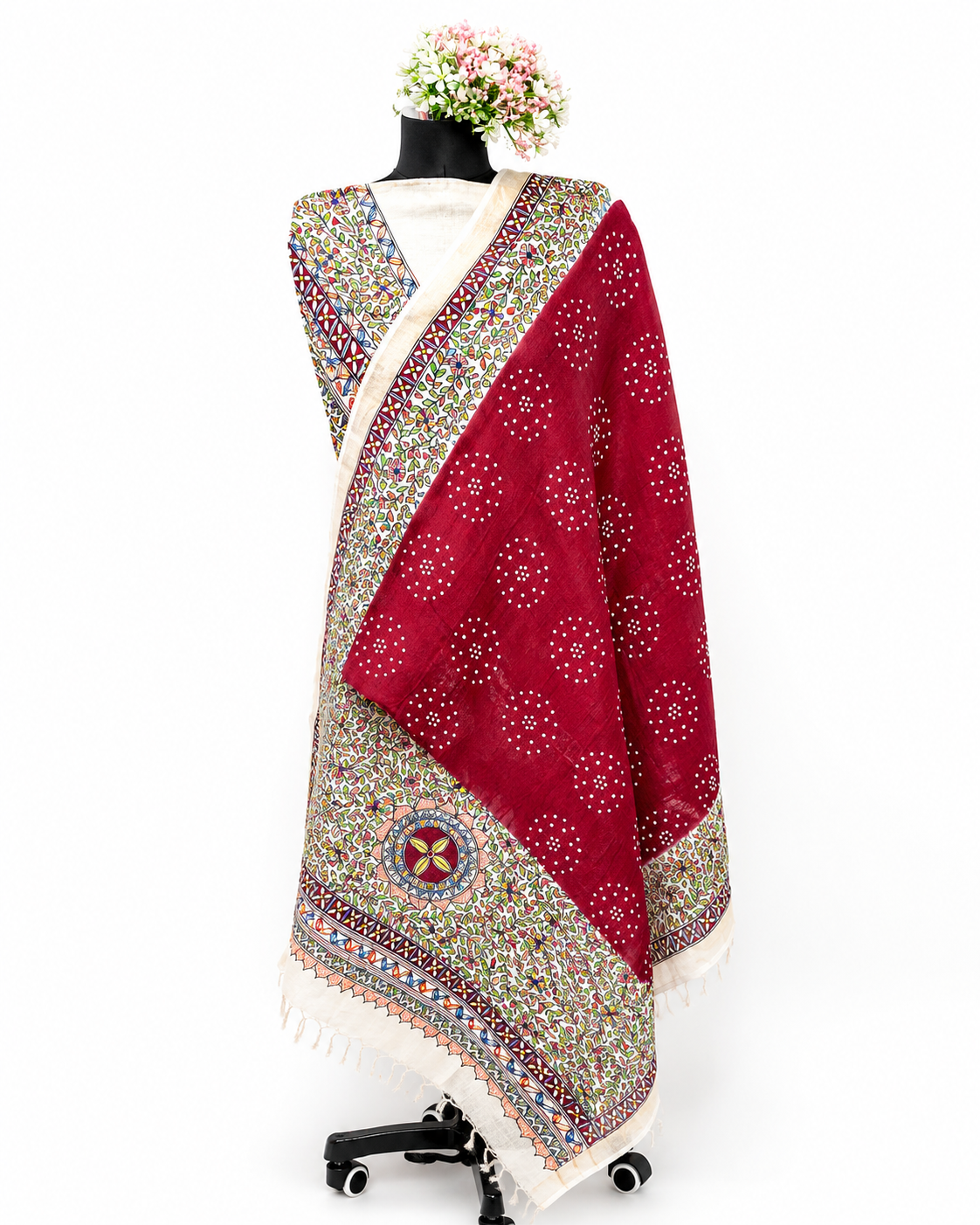 Unstitched Hand-Painted Elegant Madhubani Print Tussar Munga Silk Suit Set with Designer Dupatta