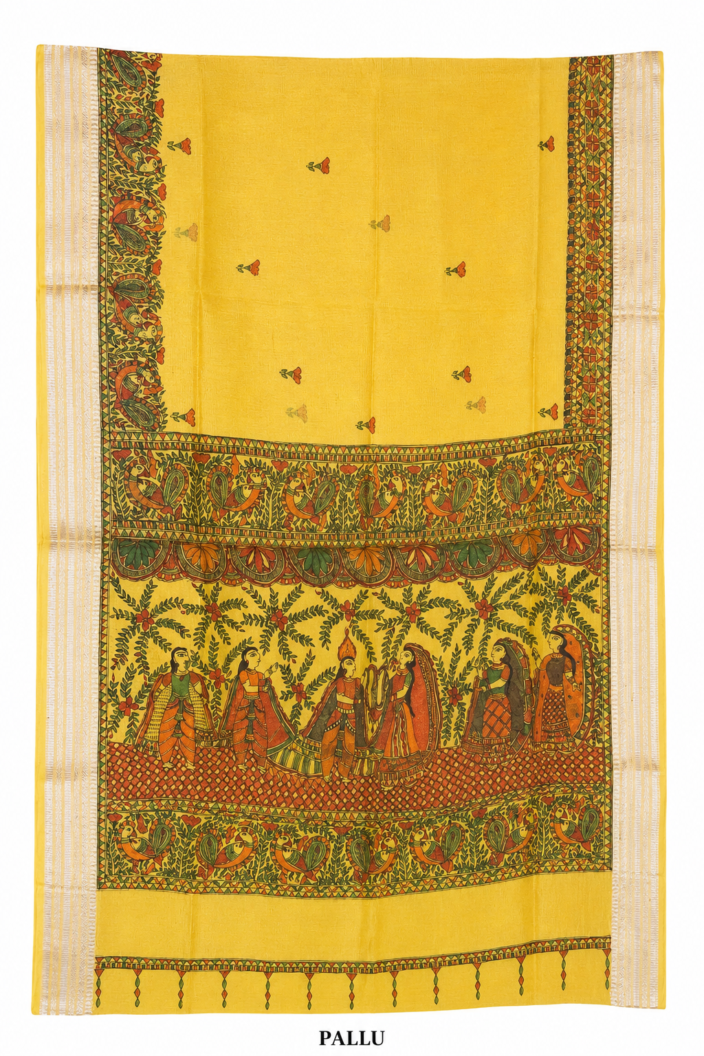 Hand- painted Mustard Yellow Kota Silk Saree with Ram - Sita Swayamwar Madhubani Art & Silver Zari Border