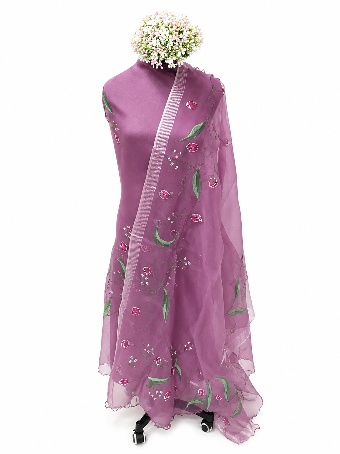 Handpainted Unstitched Organza Suit Set with Floral Fabric Painting, Peacock-Inspired Artwork and Boutique Dupatta Elegance