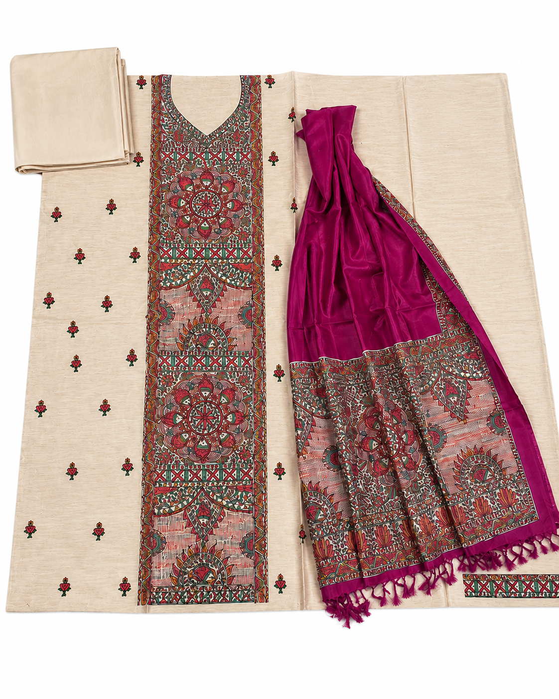 Hand Painted Madhubani Tussar Munga Silk Suit Set with Boutique Work, Traditional Mithila Panel Art and Pink Fish-Inspired Illustrations Dupatta