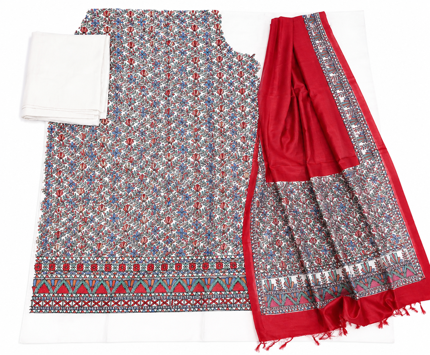 Hand-painted Tussar Munga Silk Suit Set with Floral Vine Artwork, Artistic Red Accents and Elegant Aanchal Dupatta