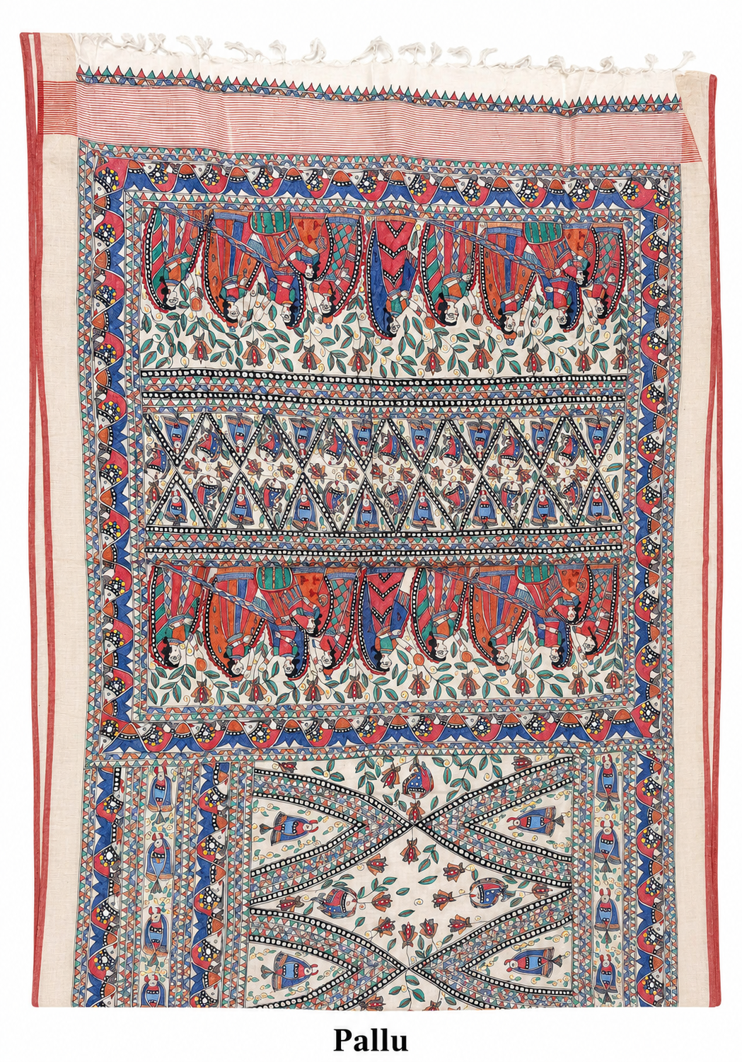 Hand-painted Tussar Munga Silk Saree with All-Over Madhubani Painting & Rich Zari Border