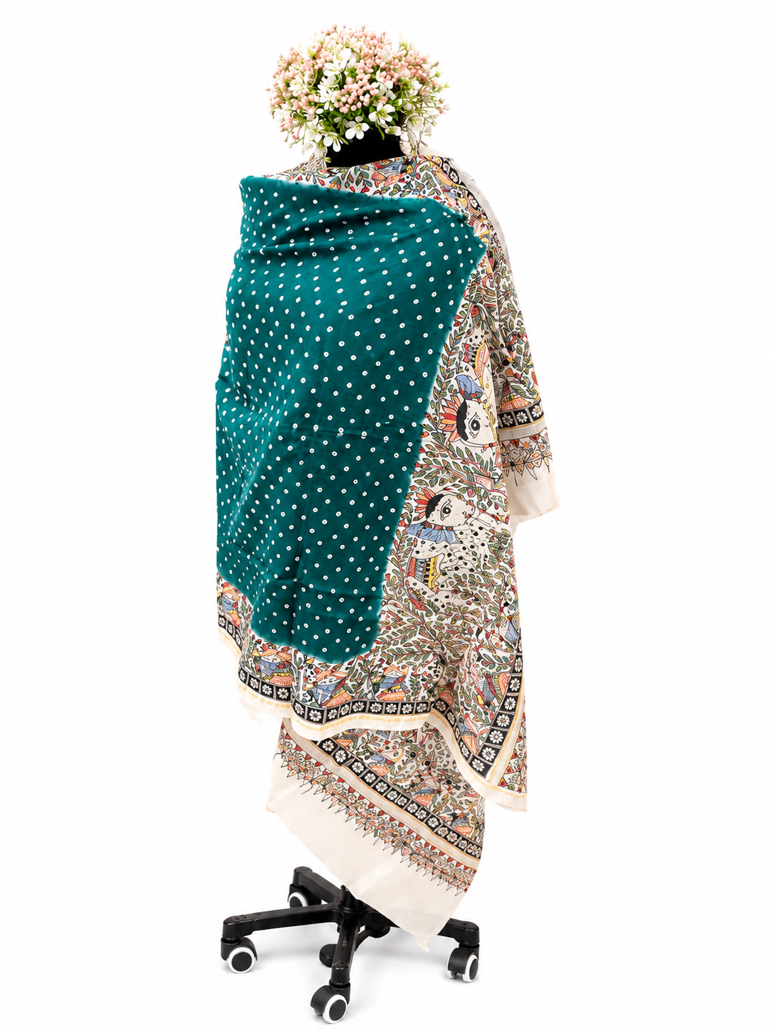 Handcrafted Chanderi Dupatta – Bandhej Elegance with Regal Decorations of Elephant and Peacock