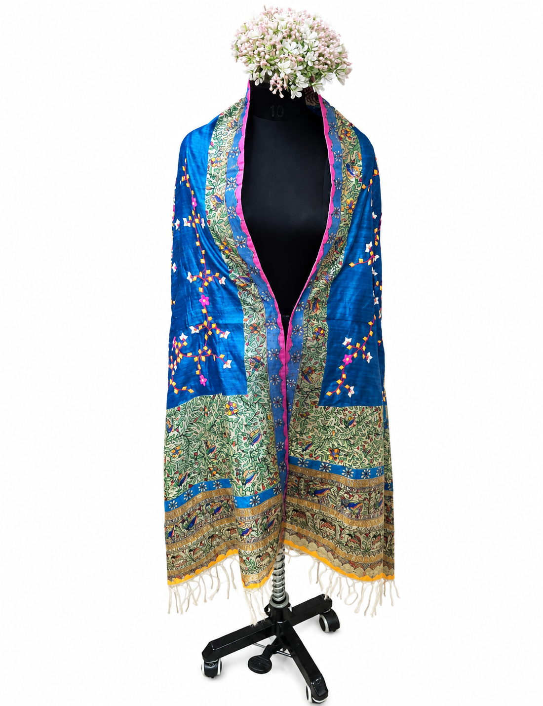 Hand-painted Appliquéd Desi Tussar Silk Dupatta – Regal Elephant & Peacock Motifs