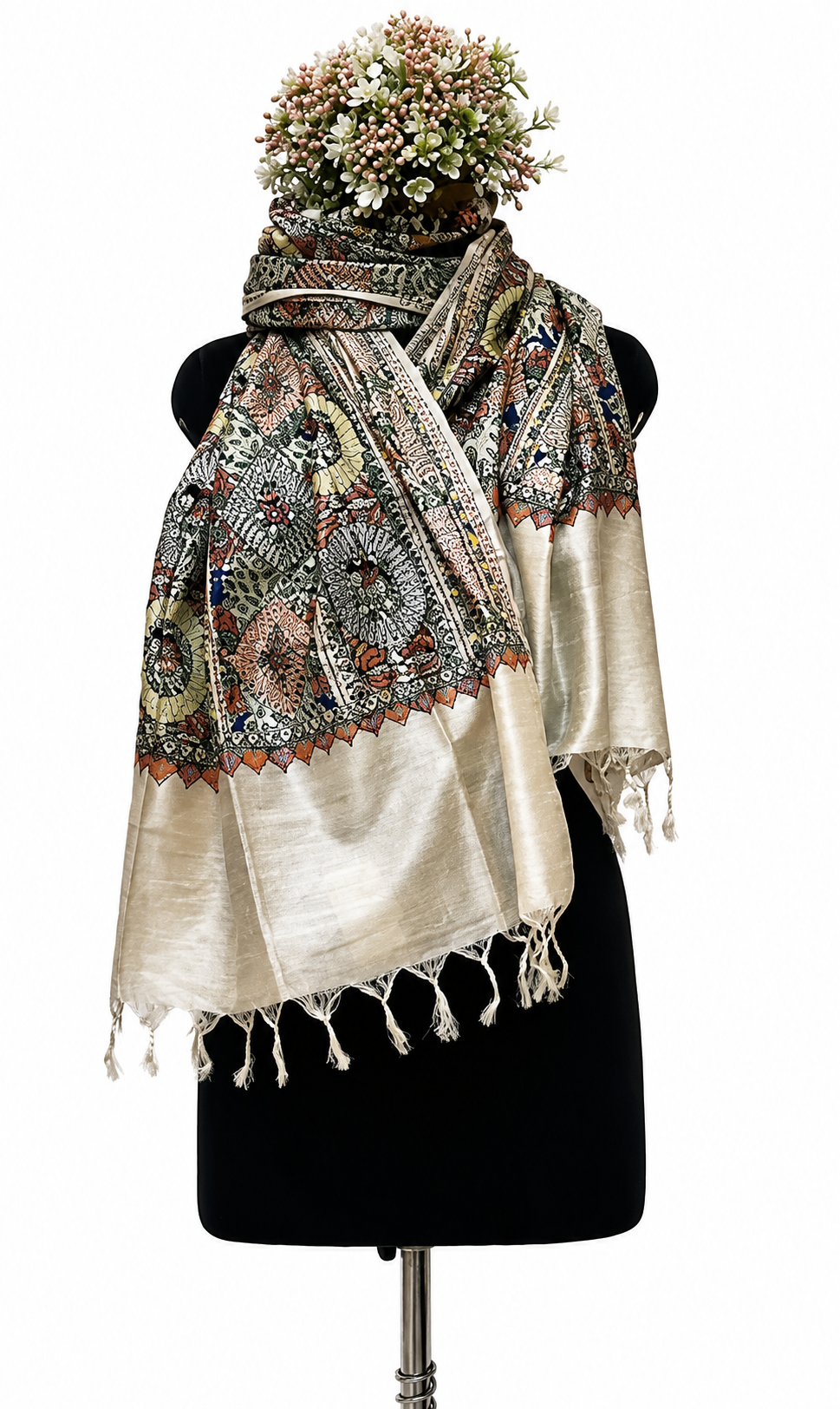 Handpainted Madhubani Tussar Munga Silk Stole with Sujani Work, Elephant & Peacock Motifs