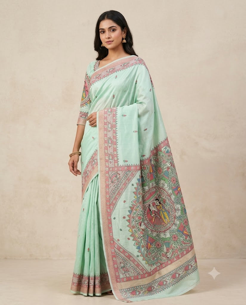 Hand-painted Chanderi Madhubani Saree with Designer Zari Border in Pastel Mint Green