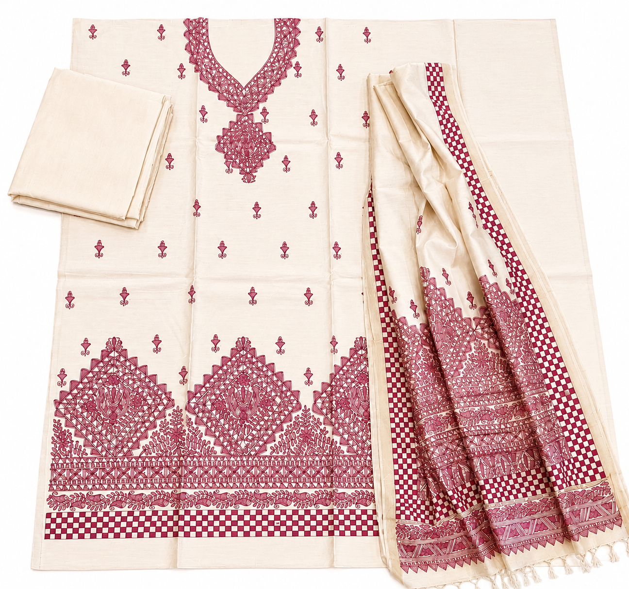 Hand-Painted Madhubani Tussar Munga Silk Suit Set with Designer Neckline and Artistic Dupatta