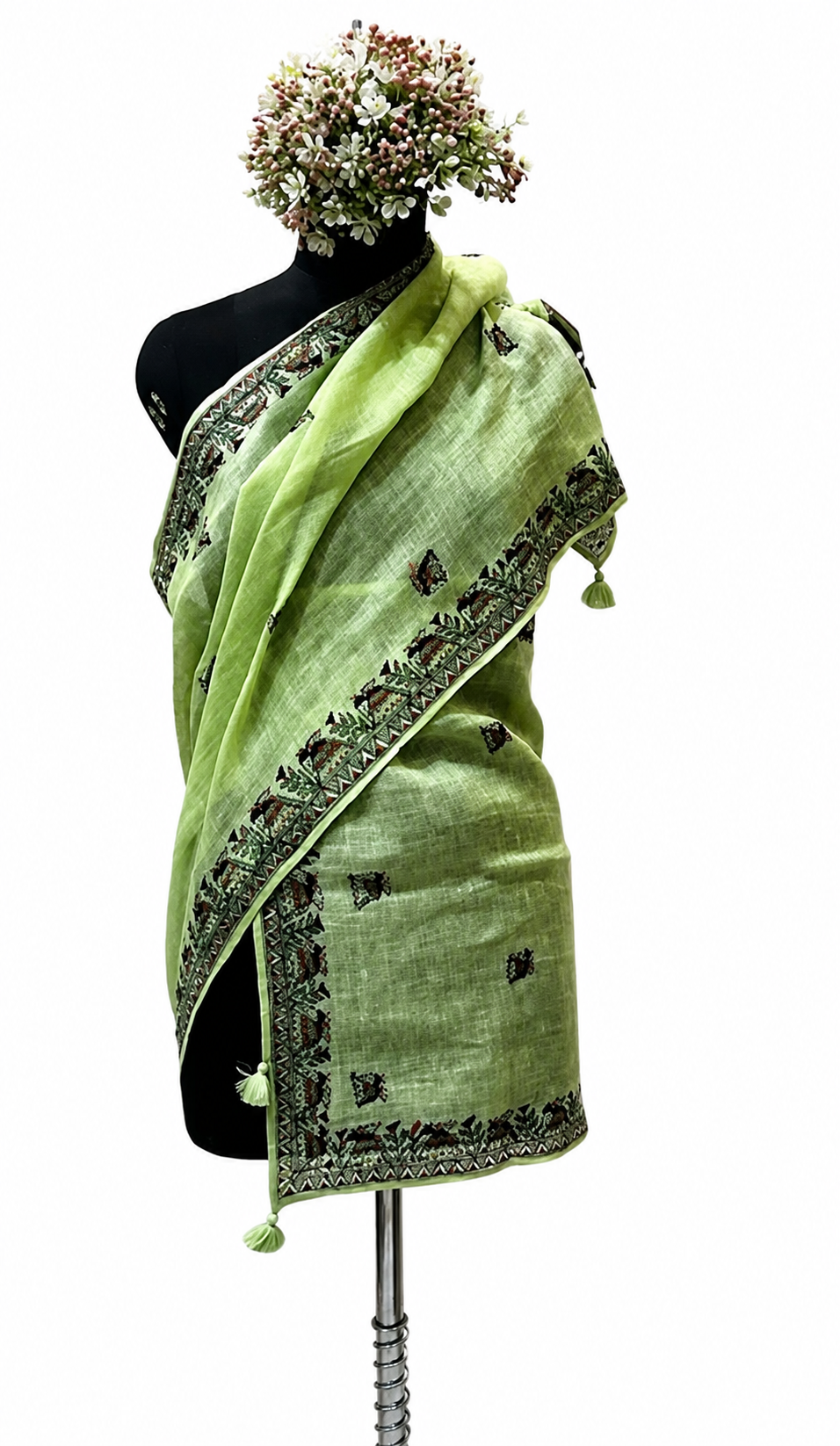Handpainted Madhubani Linen Stole with Elephant Motifs in Mint Green