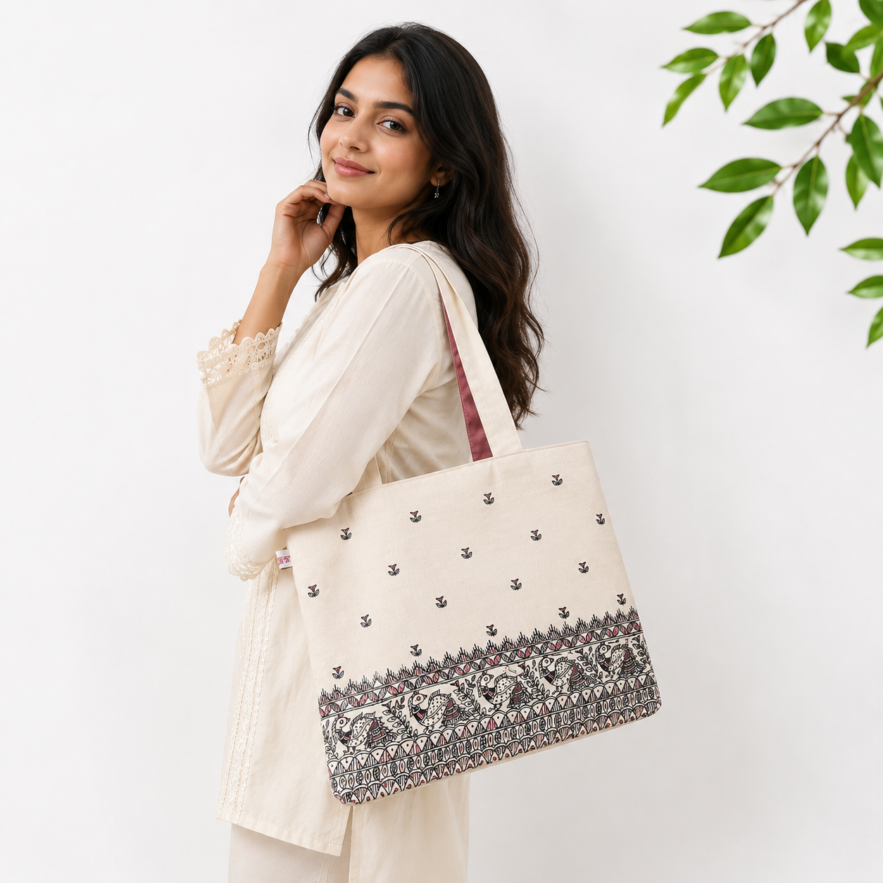 Hand-Painted Madhubani Cotton Tote Bag – Beige Everyday Carry Bag