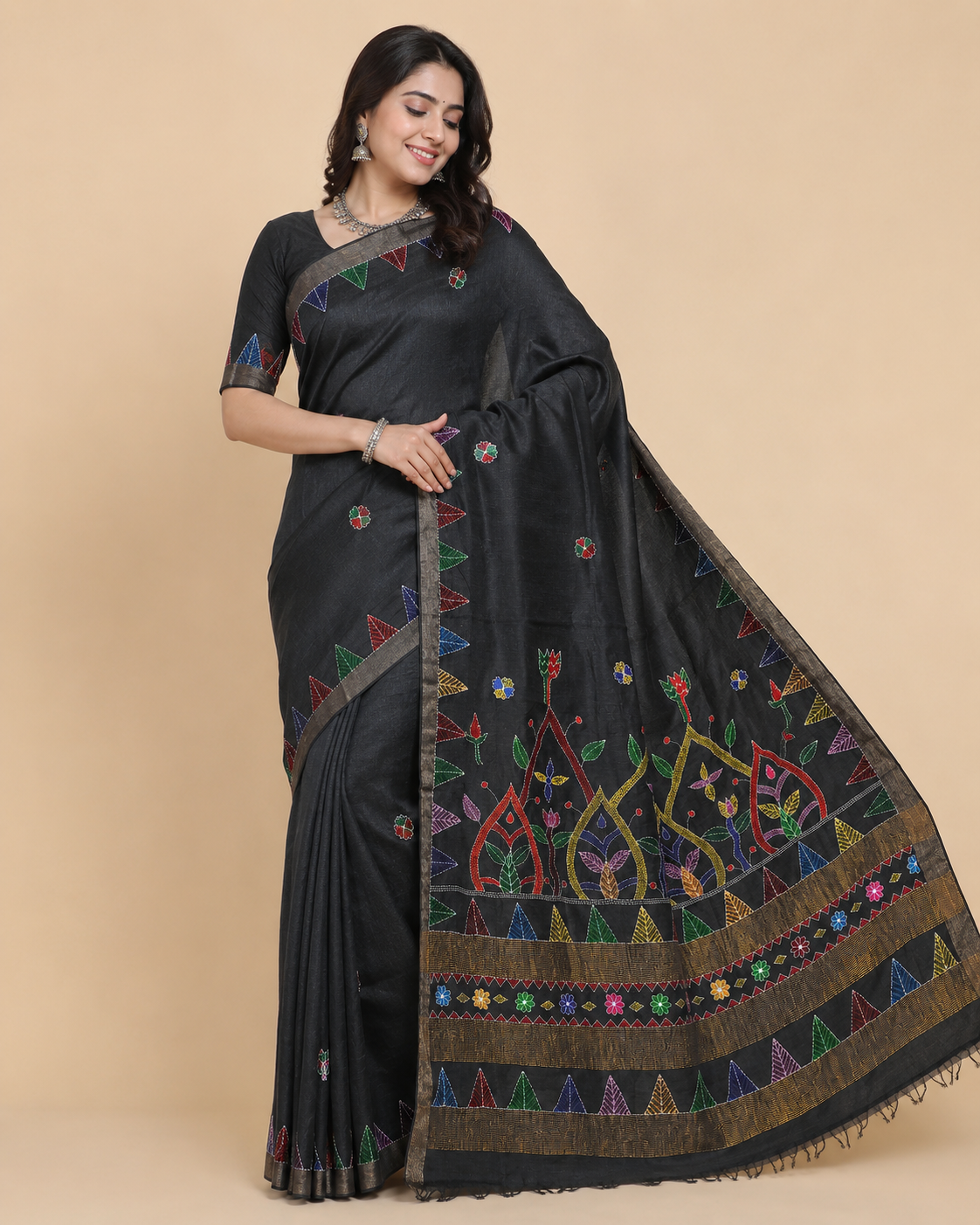 Hand-painted Tussar Munga Silk Saree with Sujani Embroidery & Antique Gold Zari Border in Jet Black