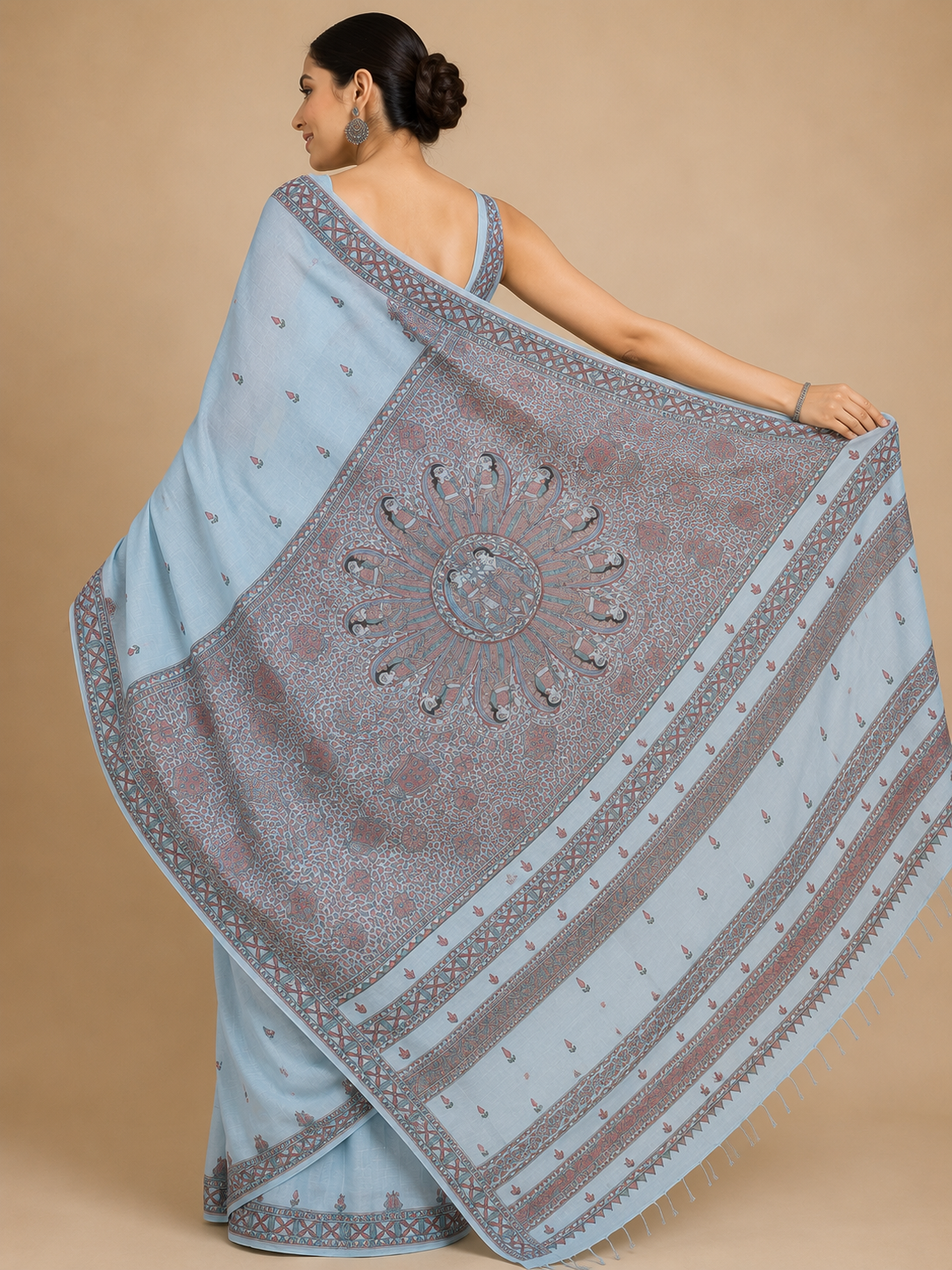 Hand-painted Rasleela Madhubani Linen Cotton Saree with Buti Body and Geometric Zari Border in Ice Blue