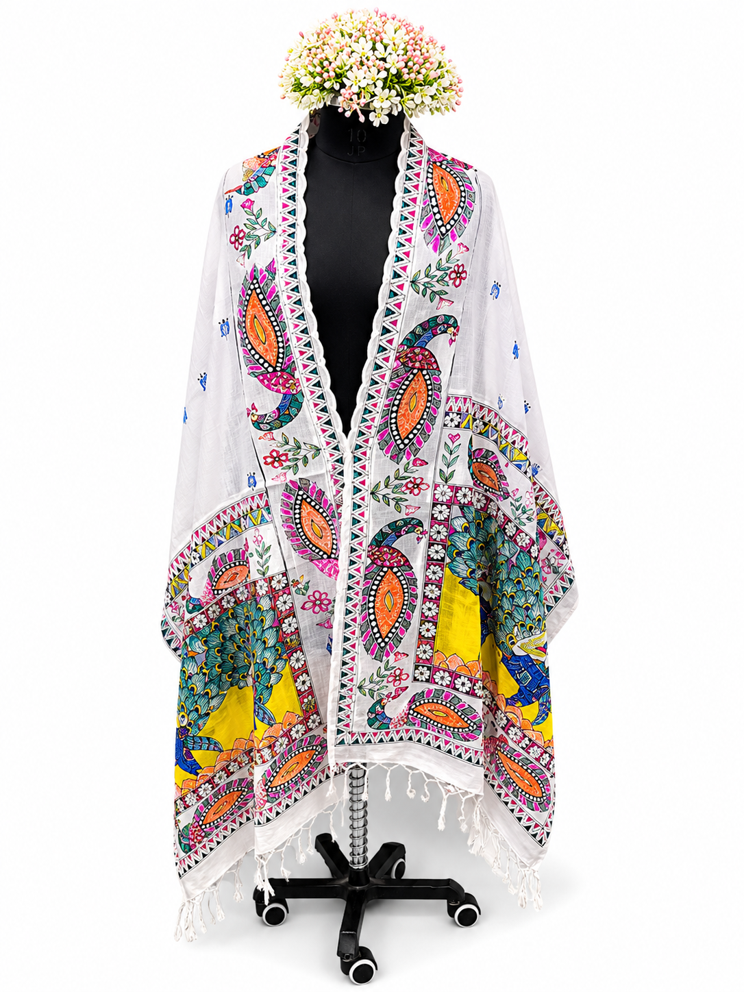 Hand-Painted Twin Peacock Madhubani Tussar Tussar Silk Dupatta