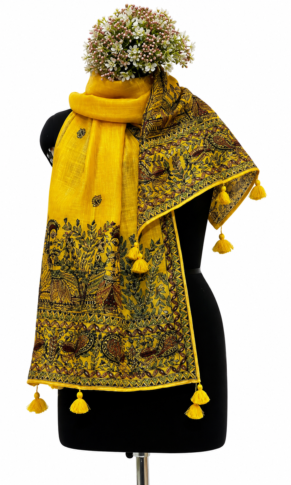 Handpainted Madhubani Linen Stole with Ram Swayamvar & Peacock Motifs