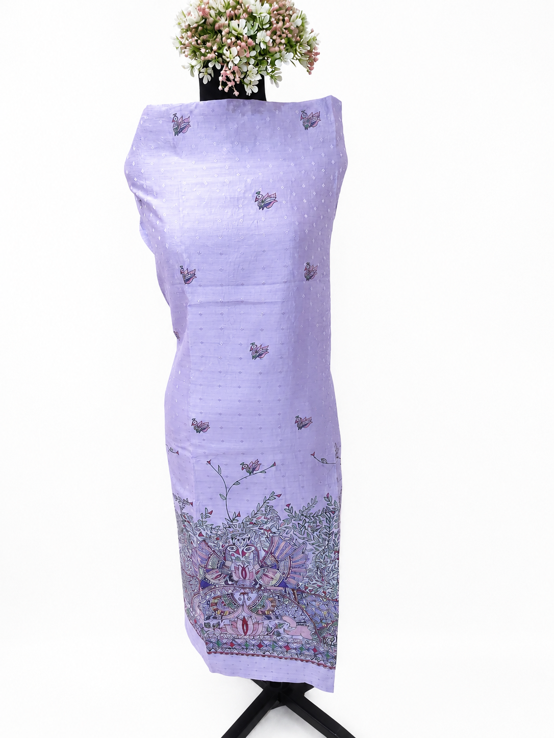 Hand-Painted Madhubani Chanderi Unstitched Suit Set - Pastel Purple