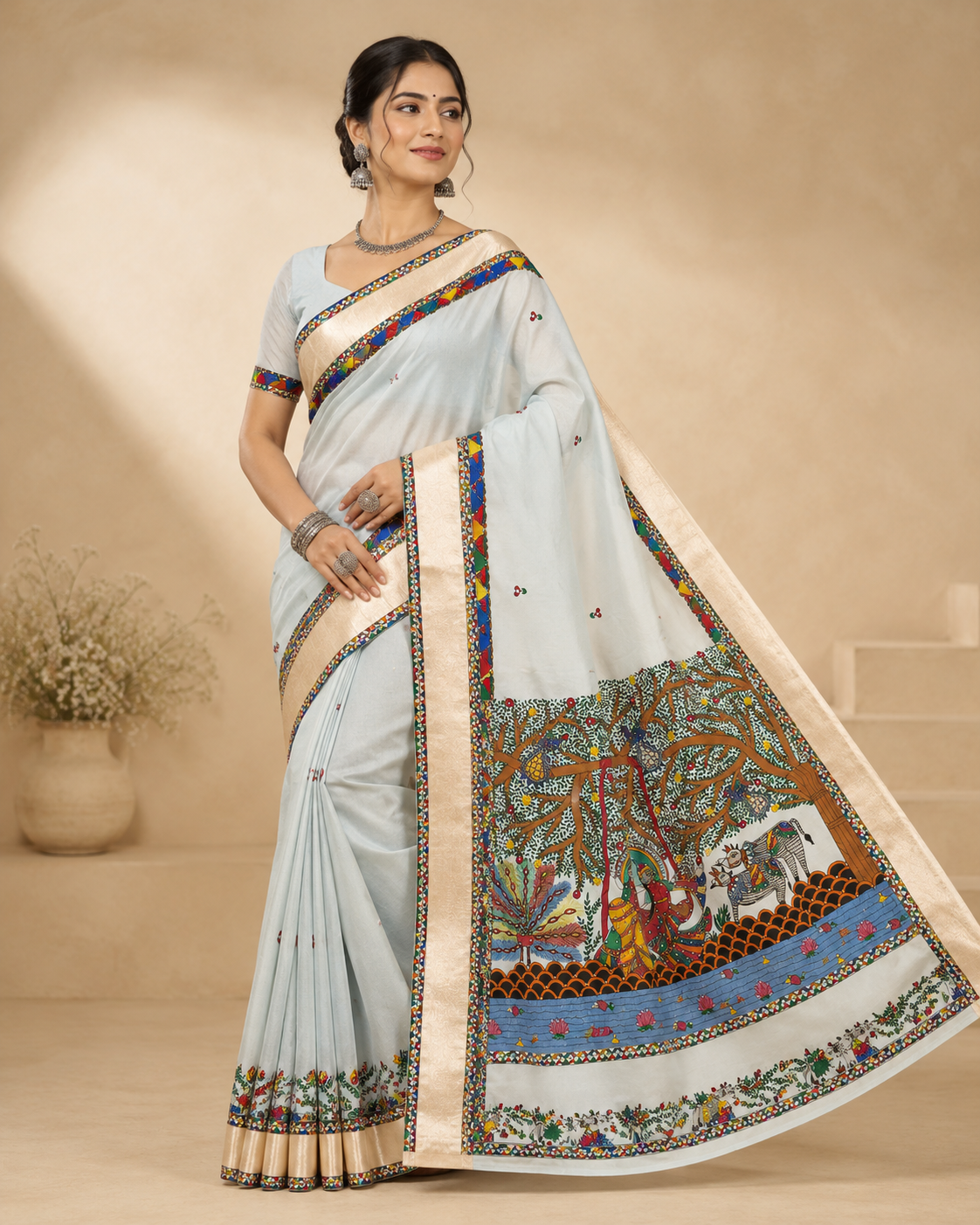 Hand-Painted Madhubani Premium Organza Radha Krishna Saree with Pearl Work & Zari Border