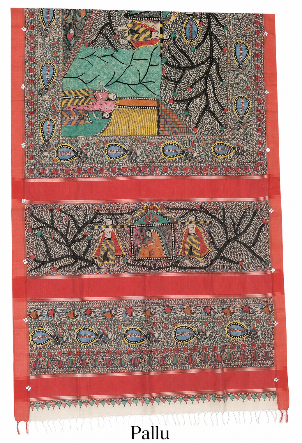 Hand-painted Desi Tussar Silk Saree with All-Over Madhubani Art, Doli Ka Haar Theme & Sujni Buti Border