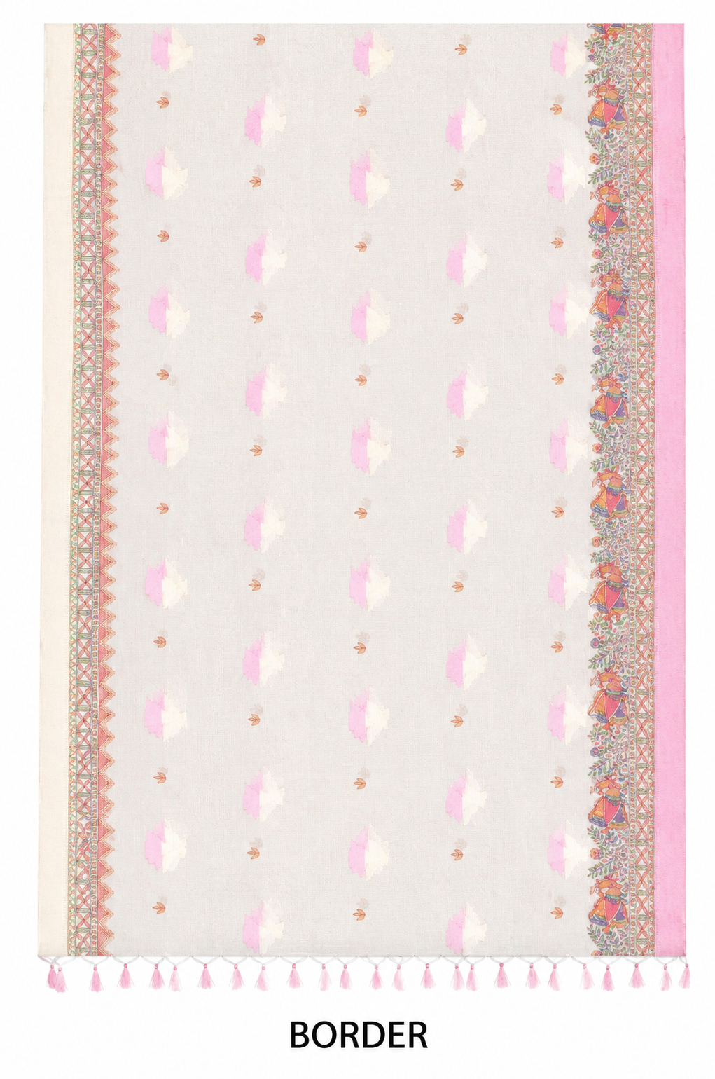 Hand-painted Ivory Pink Kota Silk Saree with Ram–Sita Swayamwar Madhubani Art & Rich Zari Border