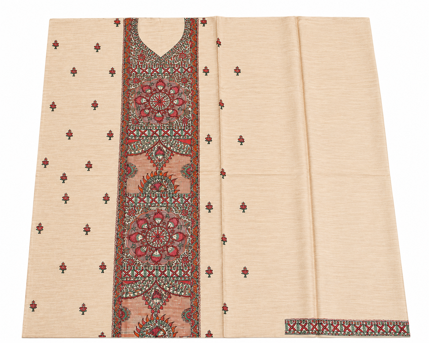 Hand Painted Madhubani Tussar Munga Silk Suit Set with Boutique Work, Traditional Mithila Panel Art and Pink Fish-Inspired Illustrations Dupatta