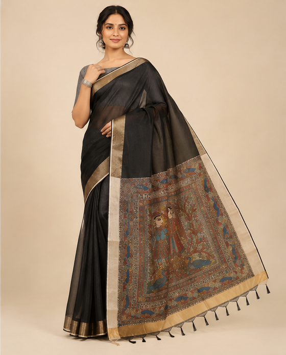 Hand-painted Madhubani Radha Krishna Smoky Grey Saree with Gold Zari Border