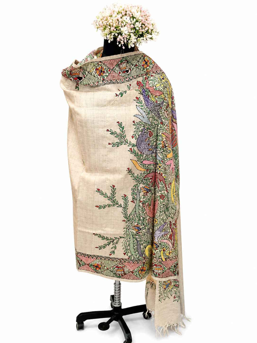 Hand-Woven Desi Tussar Silk Dupatta – Sujani and Madhubani Artistry