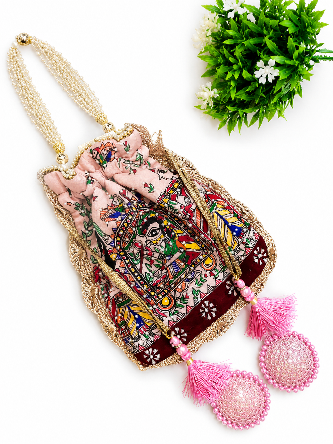 Hand-Painted Madhubani Pink Potli with Doli Ka Haar Motif