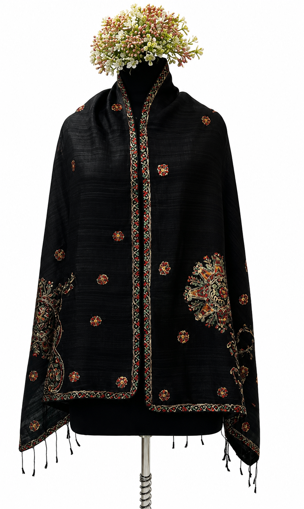 Handpainted Madhubani Dupion Silk Stole with Buddha Motif