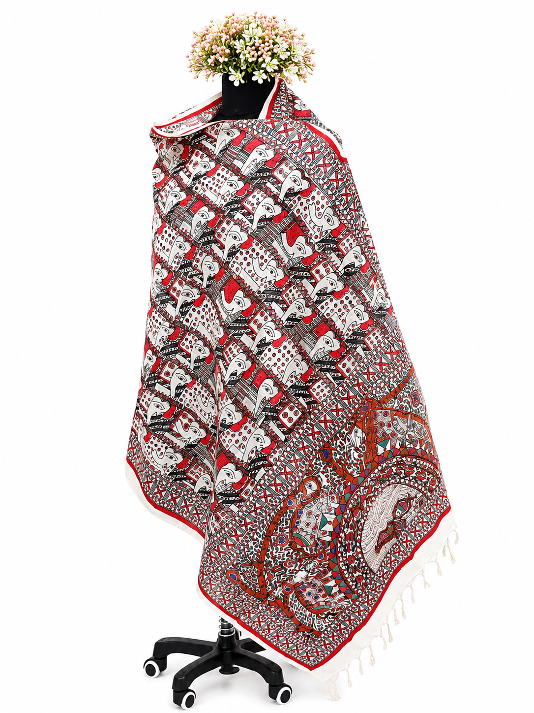 Handcrafted Tussar Tussar Silk Dupatta – Majestic Elephant and Peacock Artistry