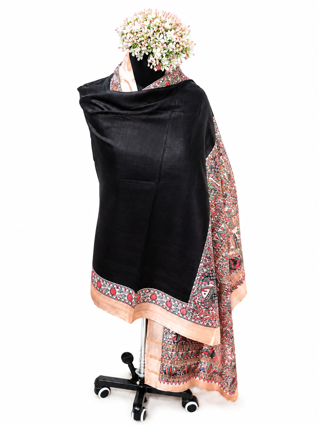 Hand-painted Tussar Munga Silk Dupatta – Majestic Fish Motif and Floral Elegance